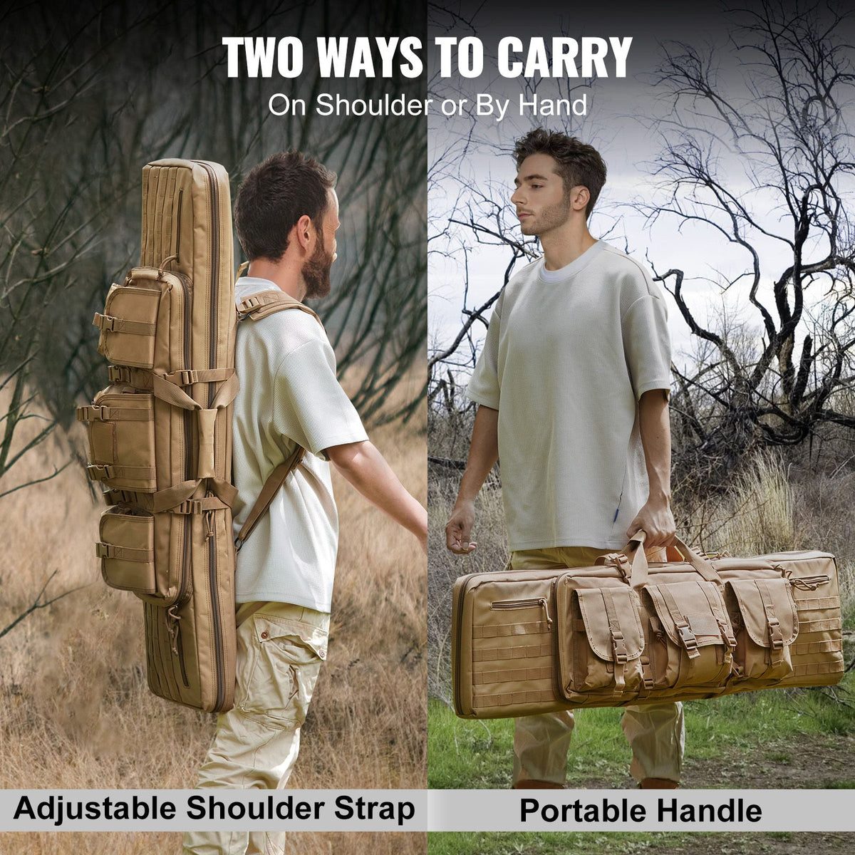 Rifle Bag, 42 inch Tactical Double Long Gun Bag, Soft Rifle Case with Lockable Zipper, Portable Handle & Shoulder Strap, 3 Large Storage Pockets Rifle Case for Two 40" Rifles & 2 Pistols, Brown