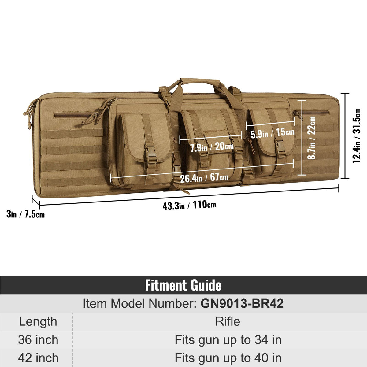 Rifle Bag, 42 inch Tactical Double Long Gun Bag, Soft Rifle Case with Lockable Zipper, Portable Handle & Shoulder Strap, 3 Large Storage Pockets Rifle Case for Two 40" Rifles & 2 Pistols, Brown