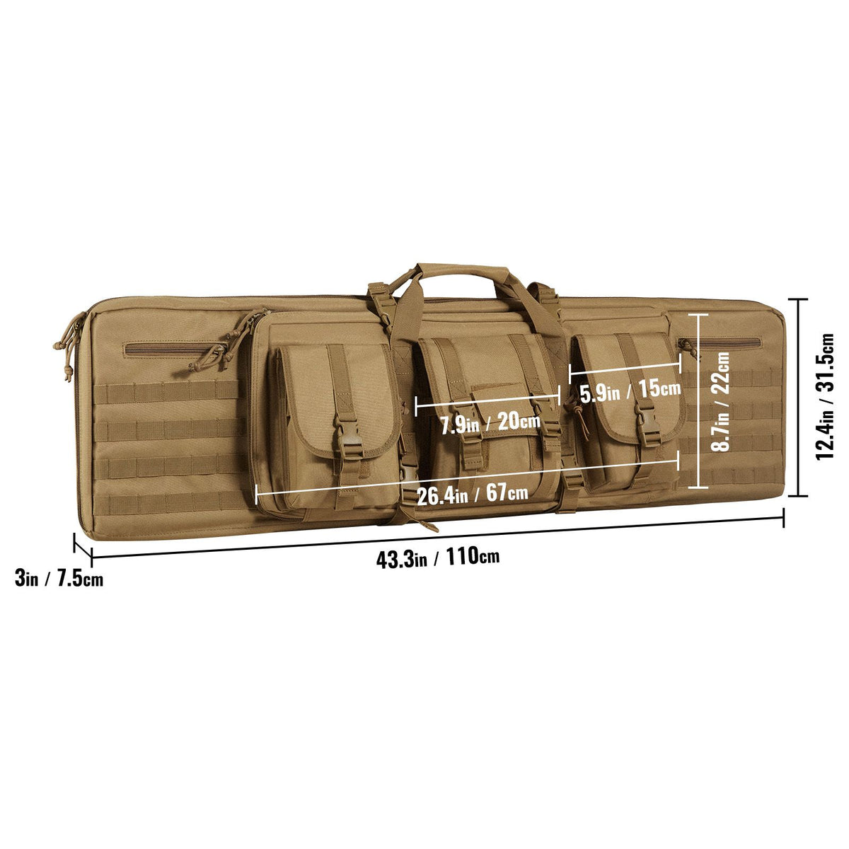 Rifle Bag, 42 inch Tactical Double Long Gun Bag, Soft Rifle Case with Lockable Zipper, Portable Handle & Shoulder Strap, 3 Large Storage Pockets Rifle Case for Two 40" Rifles & 2 Pistols, Brown