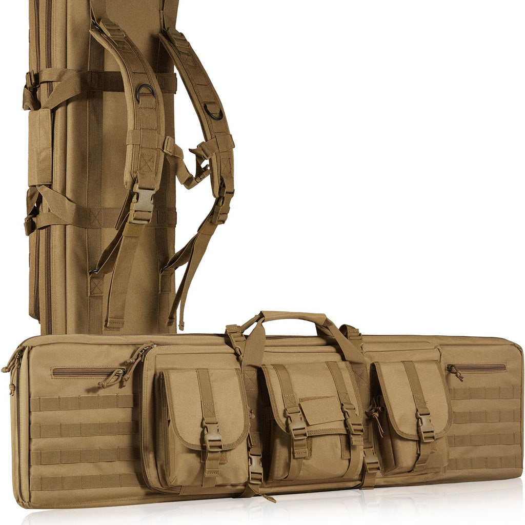 Rifle Bag, 42 inch Tactical Double Long Gun Bag, Soft Rifle Case with Lockable Zipper, Portable Handle & Shoulder Strap, 3 Large Storage Pockets Rifle Case for Two 40" Rifles & 2 Pistols, Brown
