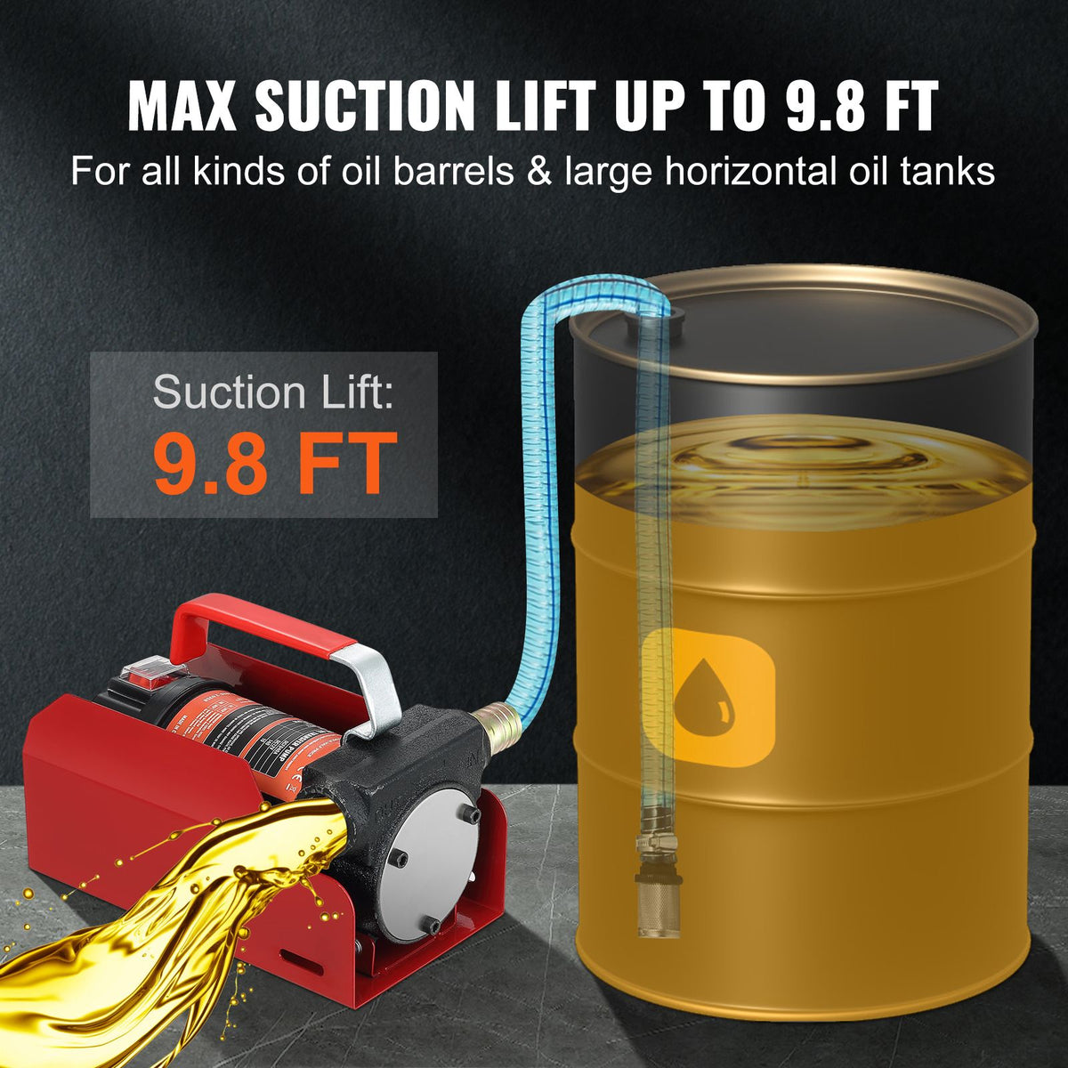 Fuel Transfer Pump, 12V DC, 10 GPM, 8 m Lift, Portable Electric Diesel Transfer Extractor Pump Kit with Automatic Shut-off Nozzle, Delivery & Suction Hose for Diesel, Kerosene, Transformer Oil