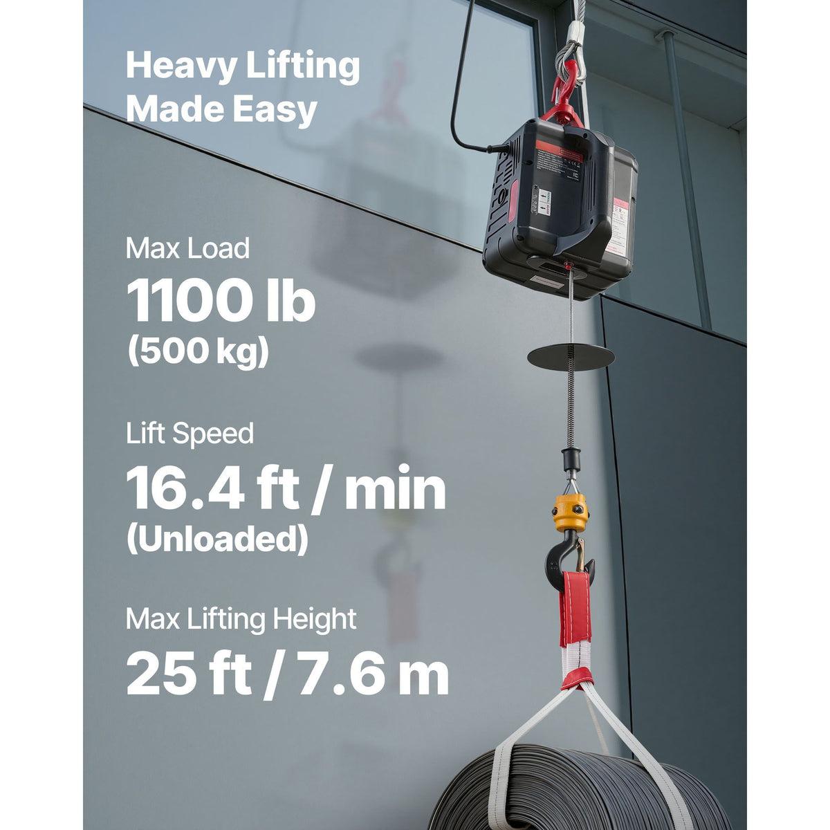 2-in-1 Electric Hoist Winch, 500 kg Capacity, 1500W Portable Power Winch Crane, 7.6 m Lifting Height, 5 m/min with Manual and Wireless Remote Control for Factory, Warehouss, Garage
