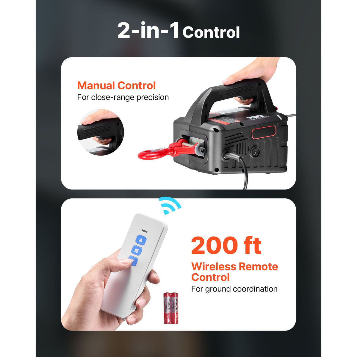 2-in-1 Electric Hoist Winch, 500 kg Capacity, 1500W Portable Power Winch Crane, 7.6 m Lifting Height, 5 m/min with Manual and Wireless Remote Control for Factory, Warehouss, Garage