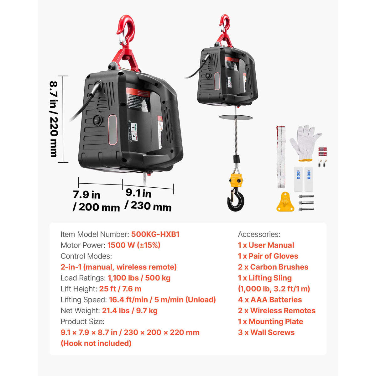 2-in-1 Electric Hoist Winch, 500 kg Capacity, 1500W Portable Power Winch Crane, 7.6 m Lifting Height, 5 m/min with Manual and Wireless Remote Control for Factory, Warehouss, Garage