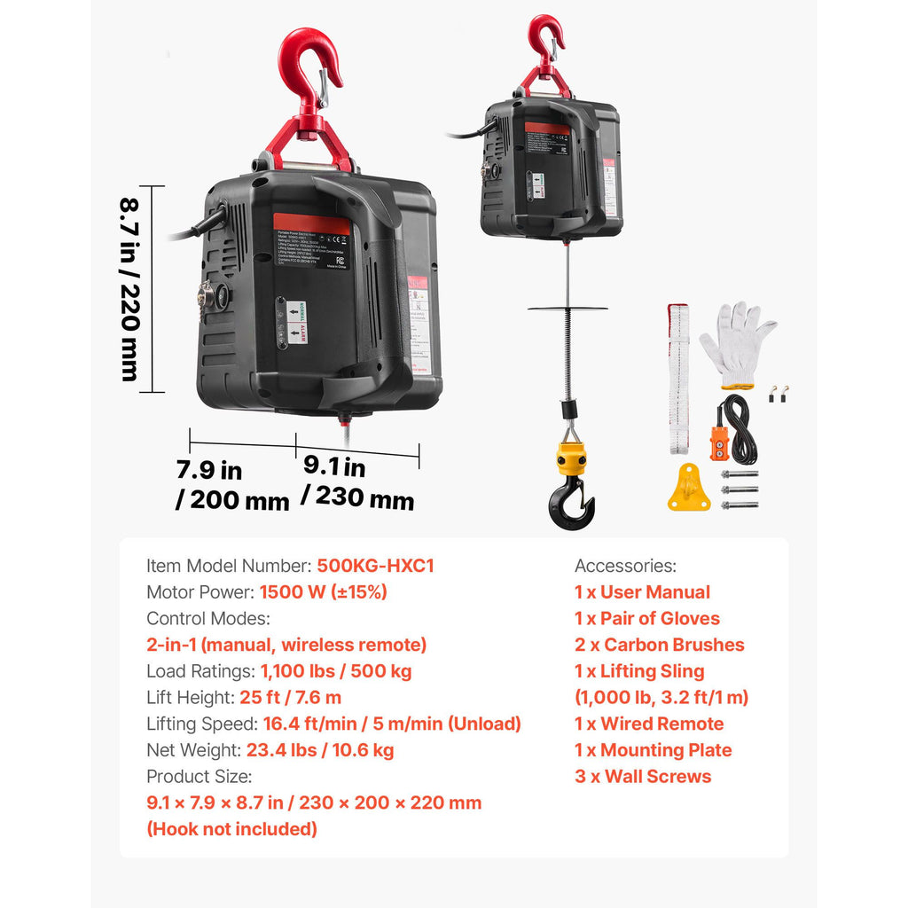 2-in-1 Electric Hoist Winch, 500 kg Capacity, 1500W Portable Power Winch Crane, 7.6 m Lifting Height, 5 m/min with Manual and Wired Remote Control for Factory, Warehouss, Garage