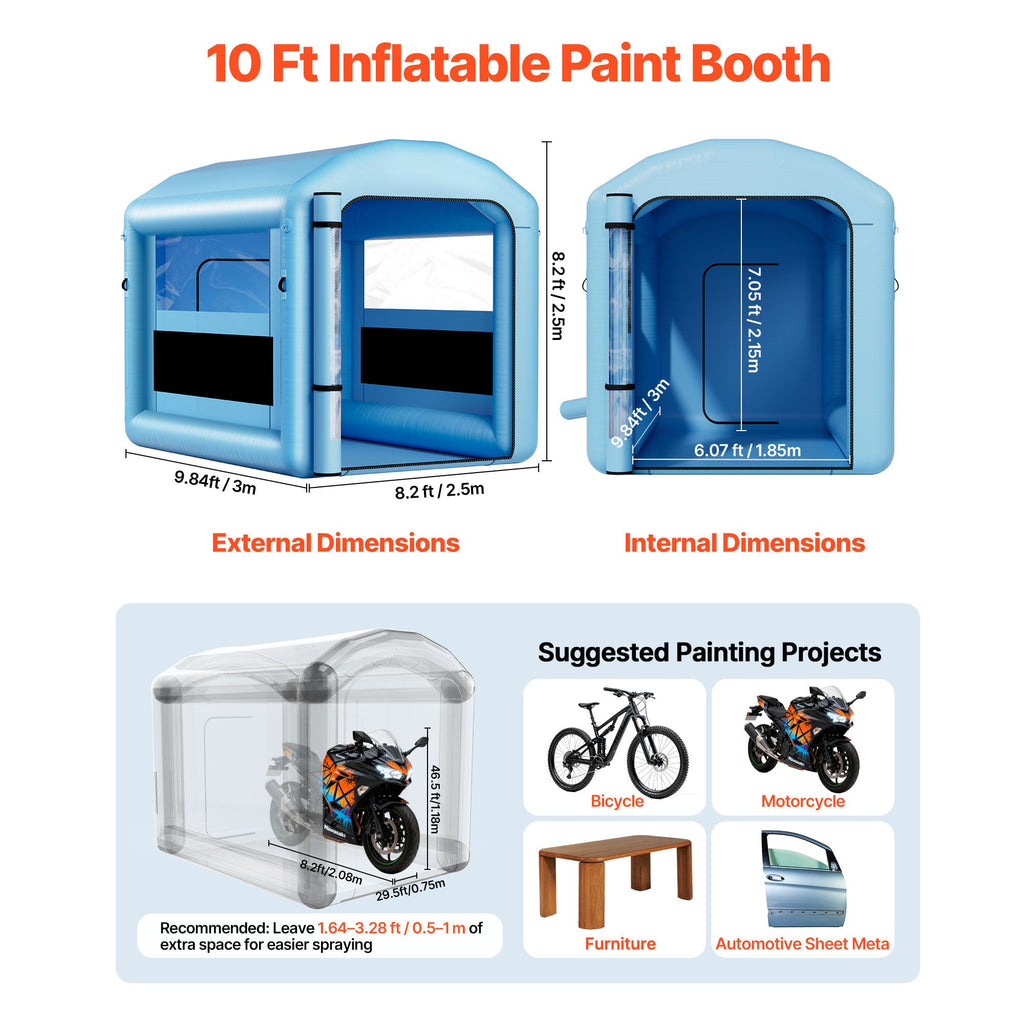 Inflatable Paint Booth, 3 x 2.5 x 2.5 m, Inflatable Spray Booth with 550W Powerful Blower and Air Filter System, Round Roof with Light Hook, for Painting Bicycle, Motorcycle, and Furniture
