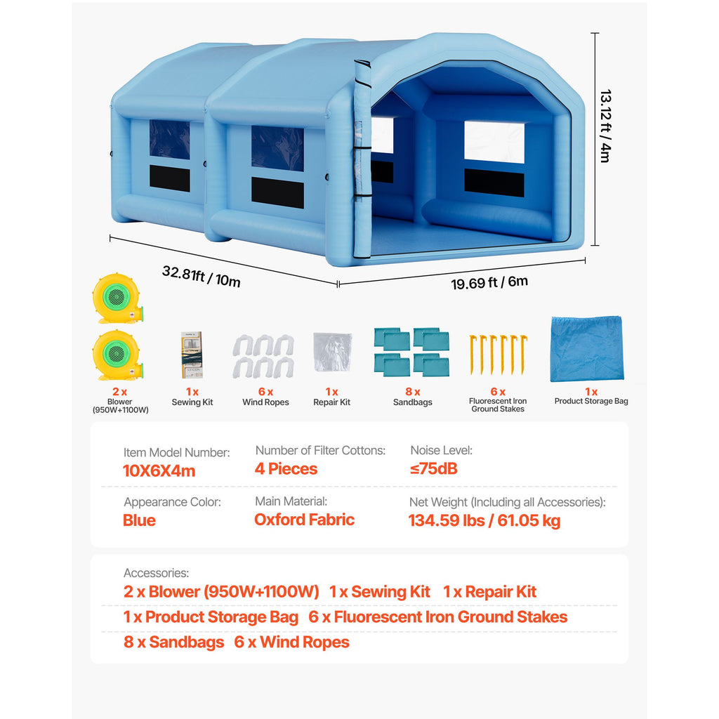 Inflatable Paint Booth, 10 x 6 x 4 m, Inflatable Spray Booth with 950W and 1100W Blowers and Air Filter System, Round Roof, for Painting Car, Truck, Furniture, and Automotive Sheet Metal