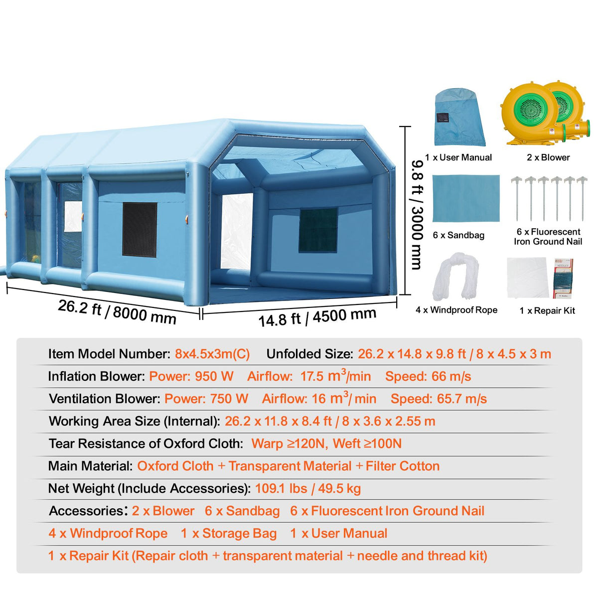Inflatable Paint Booth 26.2x14.8x9.8ft Inflatable Spray Booth 950W+750W