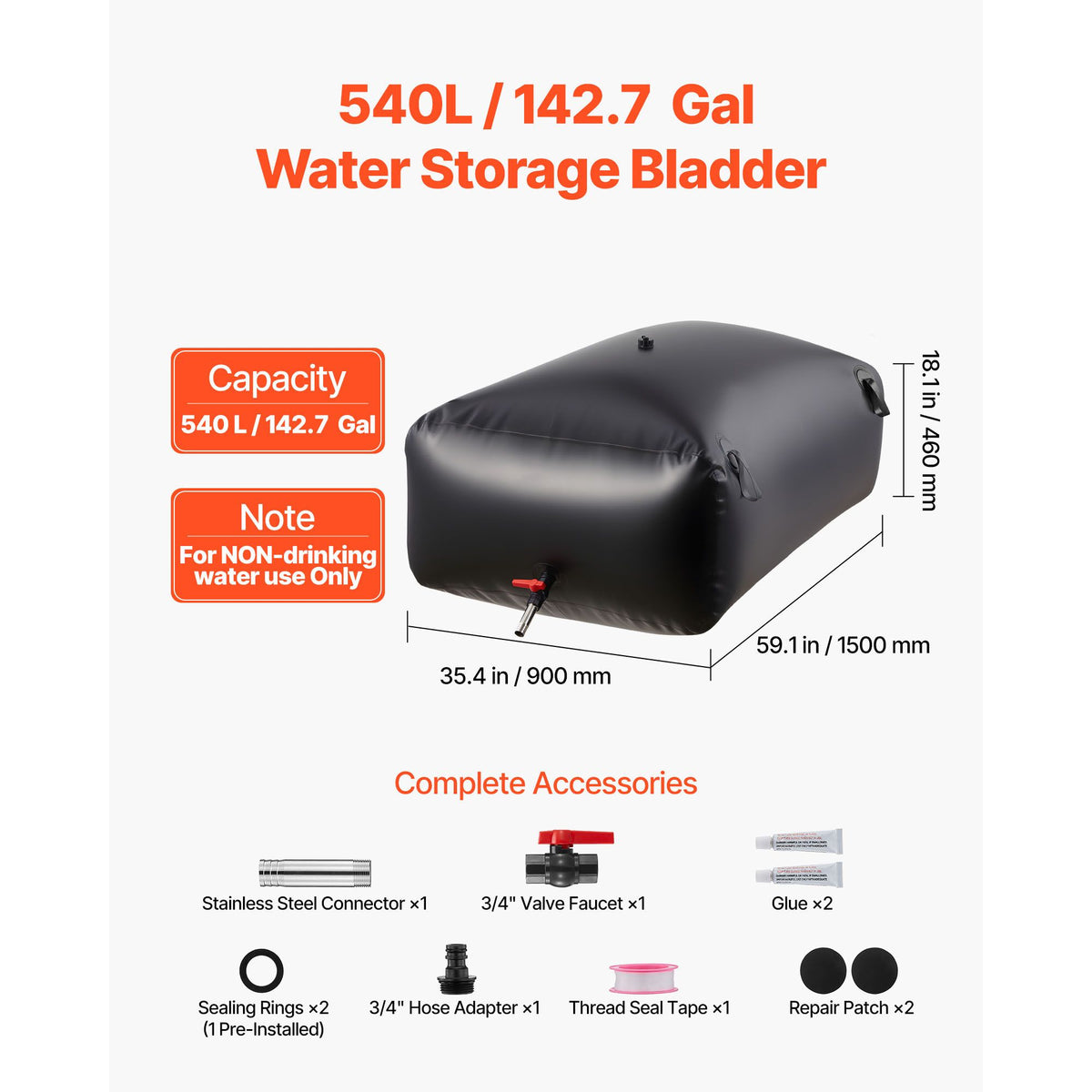 Water Storage Bladder 540L Large Capacity Water Bag, Portable & Collapsible Soft Waters Container, Leakproof & Tear-Resistant PVC Emergency Waters Storage Tank for RV Truck & Outdoor Use