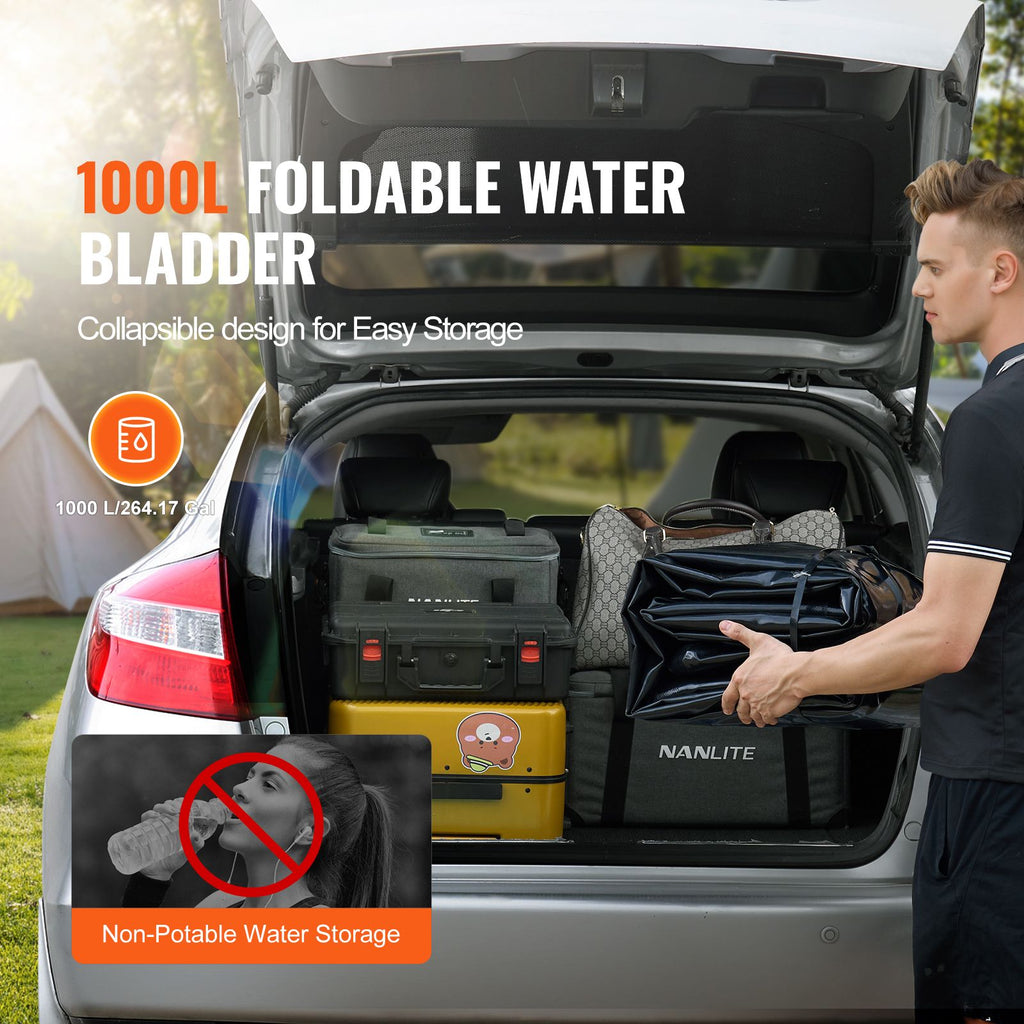Portable Water Storage Bladder 264 Gal PVC Collapsible Water Tank Black