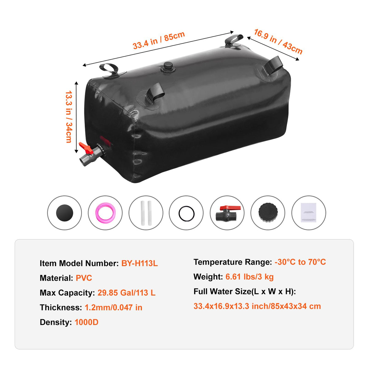 Portable Water Storage Bladder 29.9 Gal PVC Collapsible Water Tank Black