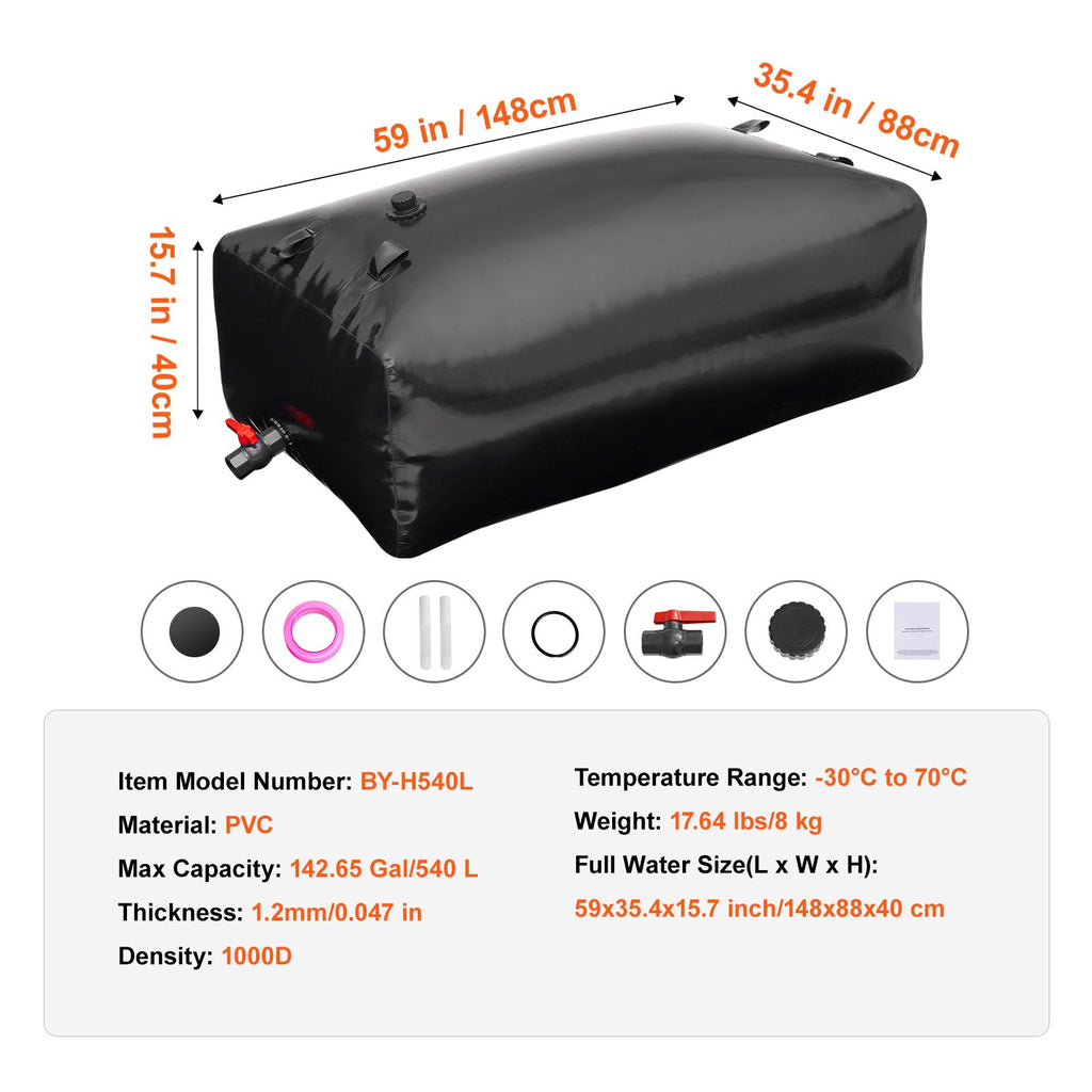 Portable Water Storage Bladder 540L PVC Collapsible Water Tank Black