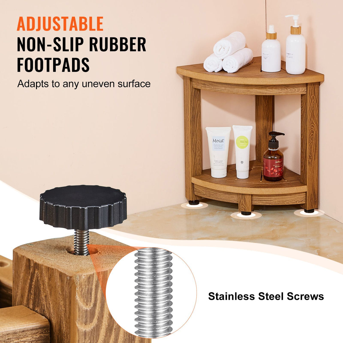 Corner Shower Bench, 16.5" Height 12.8" Radius, Faux Wood Grain Polystyrene, 158KGS with Storage Shelf, Water Resistant, Shower Stool for Inside & Outside Shower, for Bathroom, Living Room
