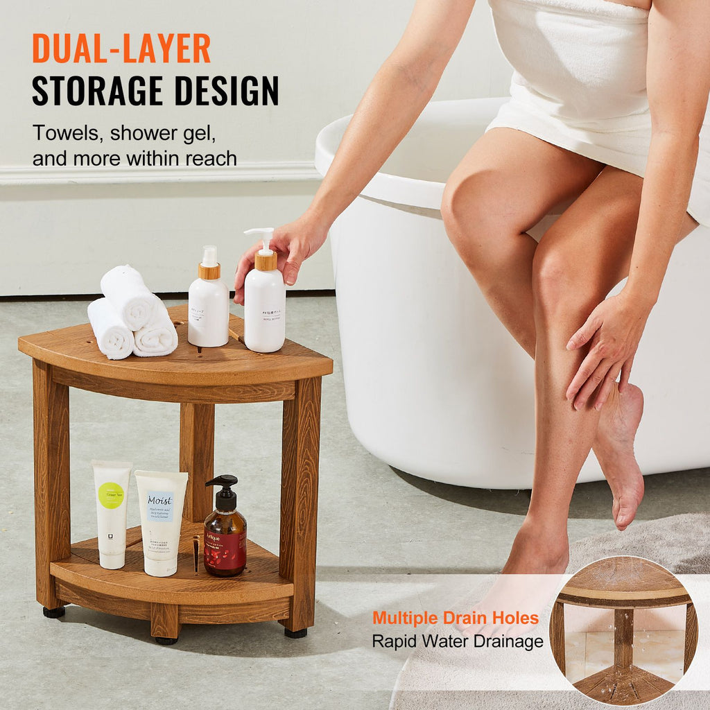 Corner Shower Bench, 16.5" Height 12.8" Radius, Faux Wood Grain Polystyrene, 158KGS with Storage Shelf, Water Resistant, Shower Stool for Inside & Outside Shower, for Bathroom, Living Room