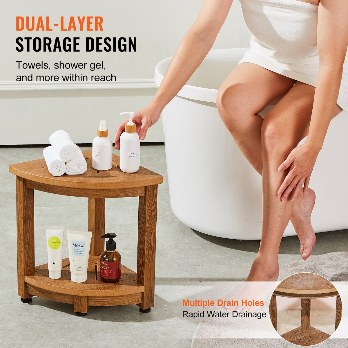 Corner Shower Bench, 16.5" Height 12.8" Radius, Faux Wood Grain Polystyrene, 158KGS with Storage Shelf, Water Resistant, Shower Stool for Inside & Outside Shower, for Bathroom, Living Room