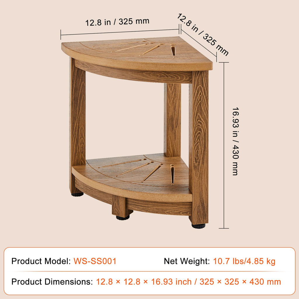 Corner Shower Bench, 16.5" Height 12.8" Radius, Faux Wood Grain Polystyrene, 158KGS with Storage Shelf, Water Resistant, Shower Stool for Inside & Outside Shower, for Bathroom, Living Room