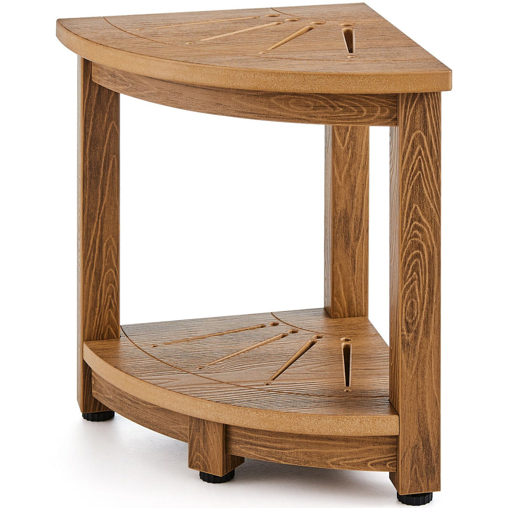 Corner Shower Bench, 16.5" Height 12.8" Radius, Faux Wood Grain Polystyrene, 158KGS with Storage Shelf, Water Resistant, Shower Stool for Inside & Outside Shower, for Bathroom, Living Room