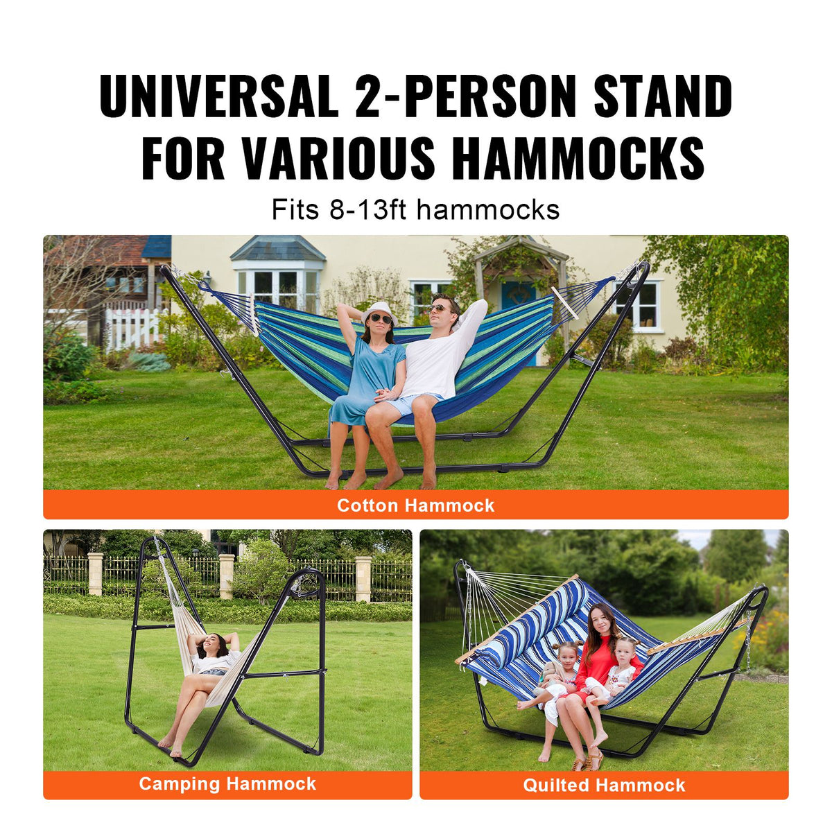Universal 2 Person Hammock Stand, Adjustable Heavy Duty 550 lbs Capacity Hammock Stand Fits 8-13 ft Hammocks for Outdoor and Indoor Portable Hammock Stand with Chain, Hook, and Carrying Bag