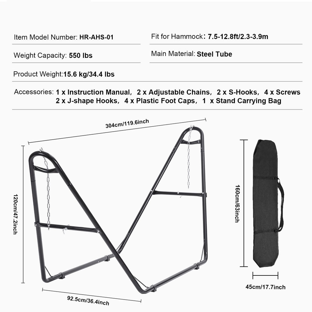 Universal 2 Person Hammock Stand, Adjustable Heavy Duty 550 lbs Capacity Hammock Stand Fits 8-13 ft Hammocks for Outdoor and Indoor Portable Hammock Stand with Chain, Hook, and Carrying Bag