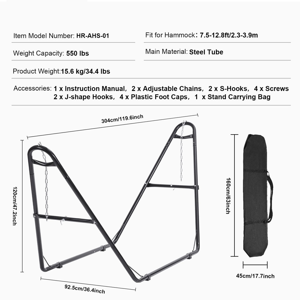 Universal 2 Person Hammock Stand, Adjustable Heavy Duty 550 lbs Capacity Hammock Stand Fits 8-13 ft Hammocks for Outdoor and Indoor Portable Hammock Stand with Chain, Hook, and Carrying Bag