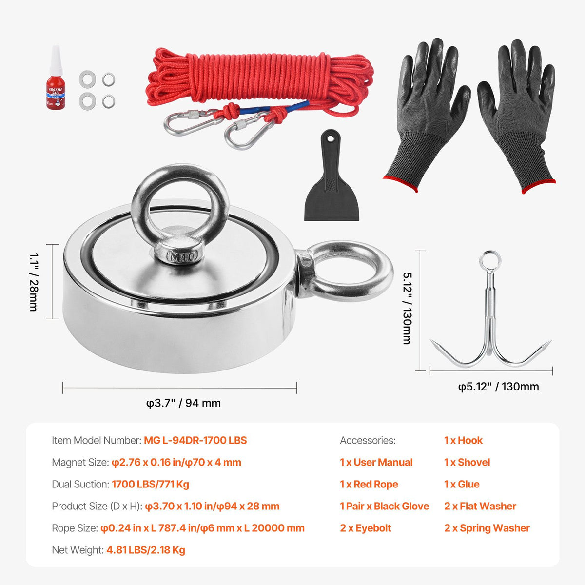 771 Kg Strong Fishing Magnet Kit Double Sided Pull Force Rope Carabiner