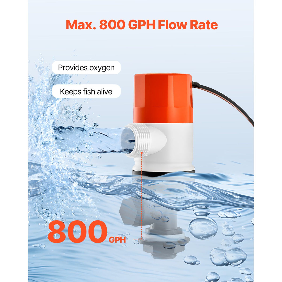 Livewell Pump for Boat, 12V 800 GPH Straight Livewell Aerator Pump with Dual Inlet, ABA Housing & Detachable Motor Cartridge, Corrosion-Resistant Livewell/Baitwell Pump for Freshwater Saltwater