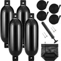 Boat Fenders, 6.5" x 23" Boat Bumpers for Docking, Inflatable Ribbed Fender with Center Holes, Marine Boat Dock Fender Bumper with Air Pump, 4 Needles and 4 Ropes and Storage Bag, Black