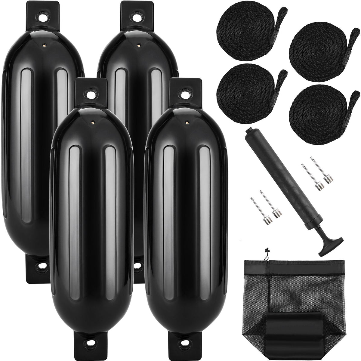 Boat Fenders, 6.5" x 23" Boat Bumpers for Docking, Inflatable Ribbed Fender with Center Holes, Marine Boat Dock Fender Bumper with Air Pump, 4 Needles and 4 Ropes and Storage Bag, Black