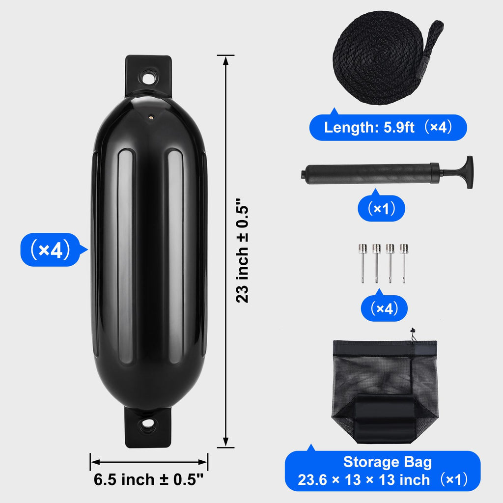 Boat Fenders, 6.5" x 23" Boat Bumpers for Docking, Inflatable Ribbed Fender with Center Holes, Marine Boat Dock Fender Bumper with Air Pump, 4 Needles and 4 Ropes and Storage Bag, Black