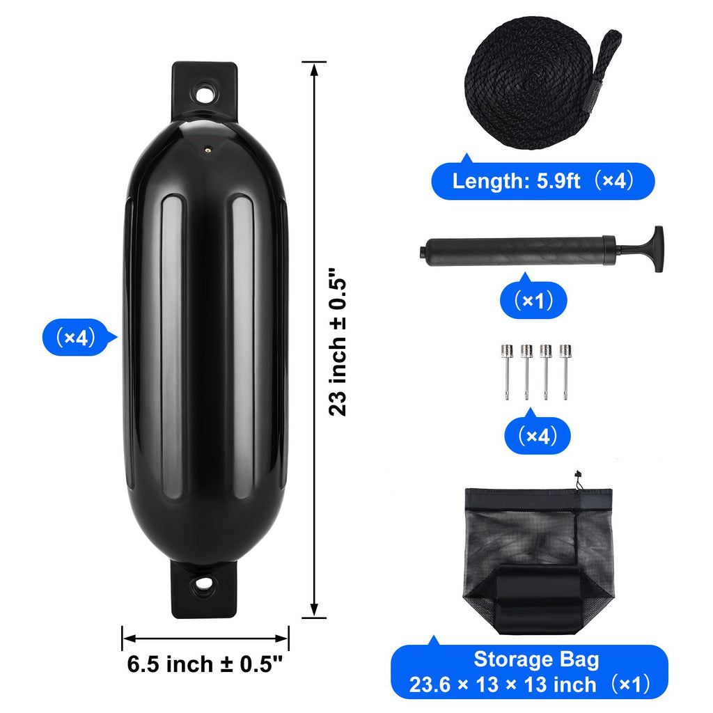 Boat Fenders, 6.5" x 23" Boat Bumpers for Docking, Inflatable Ribbed Fender with Center Holes, Marine Boat Dock Fender Bumper with Air Pump, 4 Needles and 4 Ropes and Storage Bag, Black