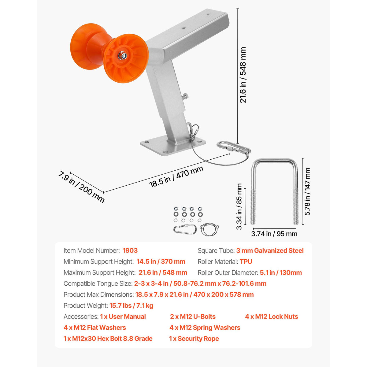 Boat Trailer Winch Stand with Roller, Adjustable Height 365-548 mm, Boat Winch Mount with U-Bolts for 50.8-76.2 mm W x 76.2-101.6 mm H Trailer Tongue, Fit for Jet Ski, Sailboat, Speedboat