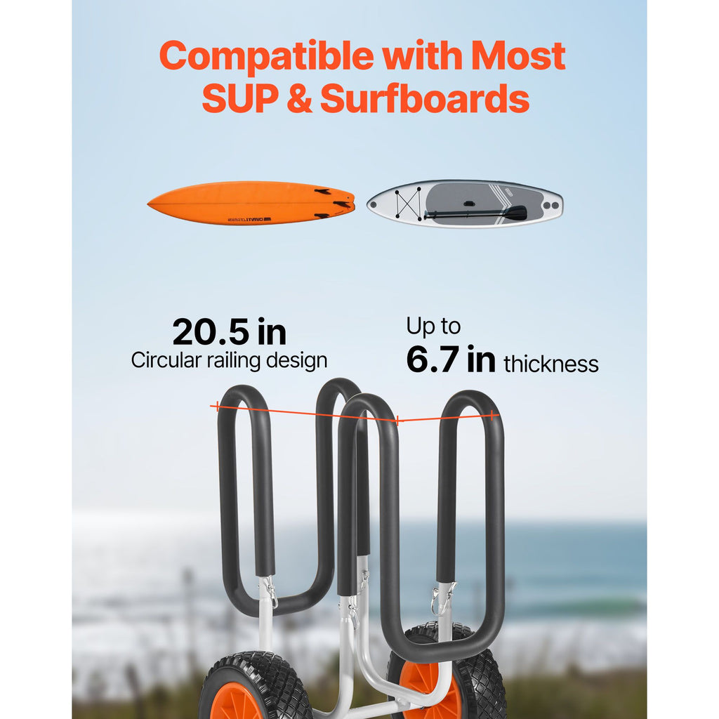 Kayak Cart, 68.0 kg Load Capacity, Stand Up Paddle Board Trolley with 25.4 cm Solid Rubber Tires & Kickstands, Paddle Board Carrier with Ratchet Strap for Paddleboard & Surfboard Transport