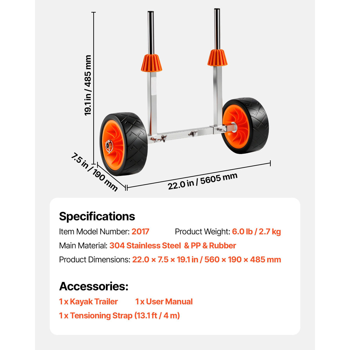 Kayak Cart, 113.4 kg Load Capacity, Canoe Cart Dolly with 19.1 cm Solid Rubber Tires & Kickstand, Assembles & Disassembles Within Seconds, Paddle Board Trolley for Kayaks, Canoes, Paddleboards
