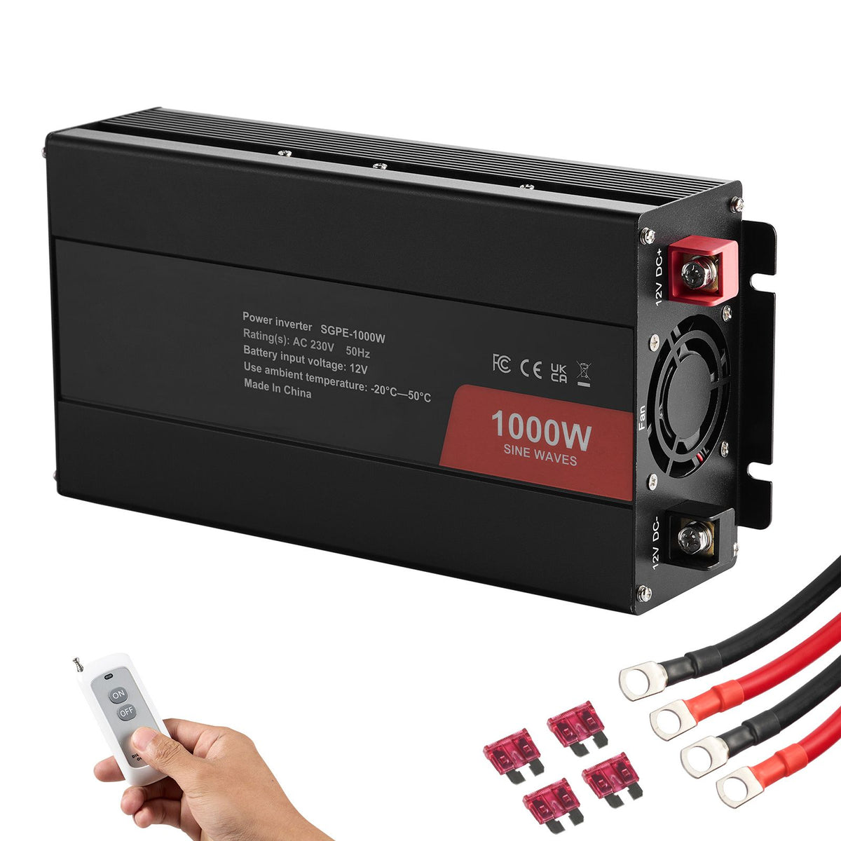 Pure Sine Wave Inverter, 1000 Watt, DC 12V to AC 230V Power Inverter with 2 AC Outlets 2 USB Port 1 Type-C Port, Remote Control for Small Home Devices like Smartphone Laptop, CE FCC Certified