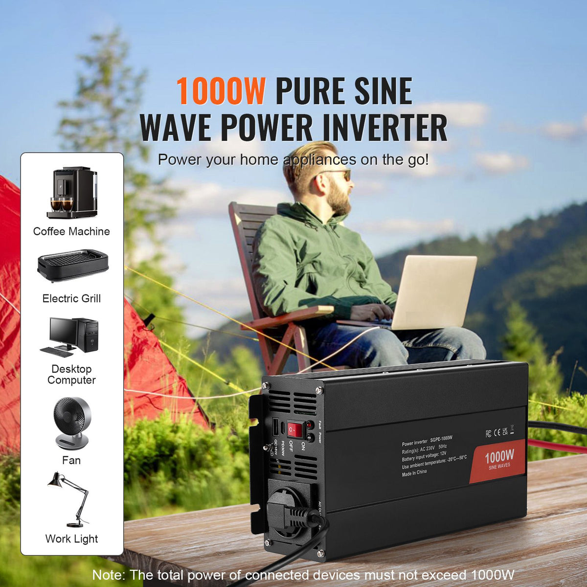 Pure Sine Wave Inverter, 1000 Watt, DC 12V to AC 230V Power Inverter with 2 AC Outlets 2 USB Port 1 Type-C Port, Remote Control for Small Home Devices like Smartphone Laptop, CE FCC Certified