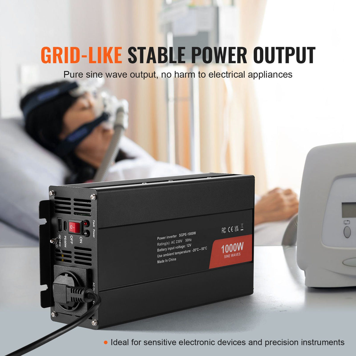 Pure Sine Wave Inverter, 1000 Watt, DC 12V to AC 230V Power Inverter with 2 AC Outlets 2 USB Port 1 Type-C Port, Remote Control for Small Home Devices like Smartphone Laptop, CE FCC Certified