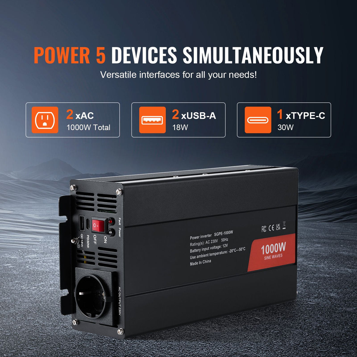 Pure Sine Wave Inverter, 1000 Watt, DC 12V to AC 230V Power Inverter with 2 AC Outlets 2 USB Port 1 Type-C Port, Remote Control for Small Home Devices like Smartphone Laptop, CE FCC Certified