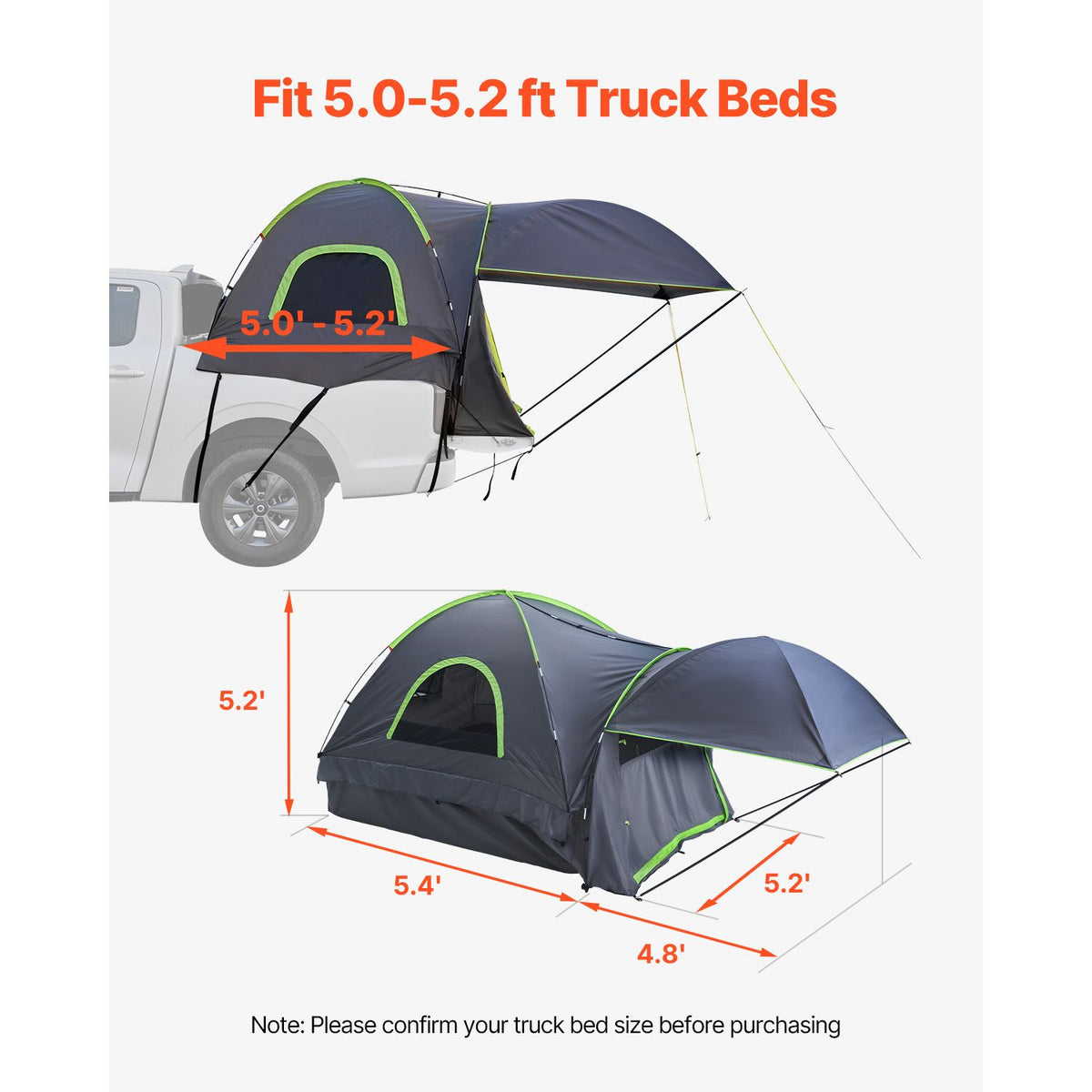 Truck Tent 5.0-5.2ft Waterproof PU2000 Truck Bed Camping Tent 2-3 Person