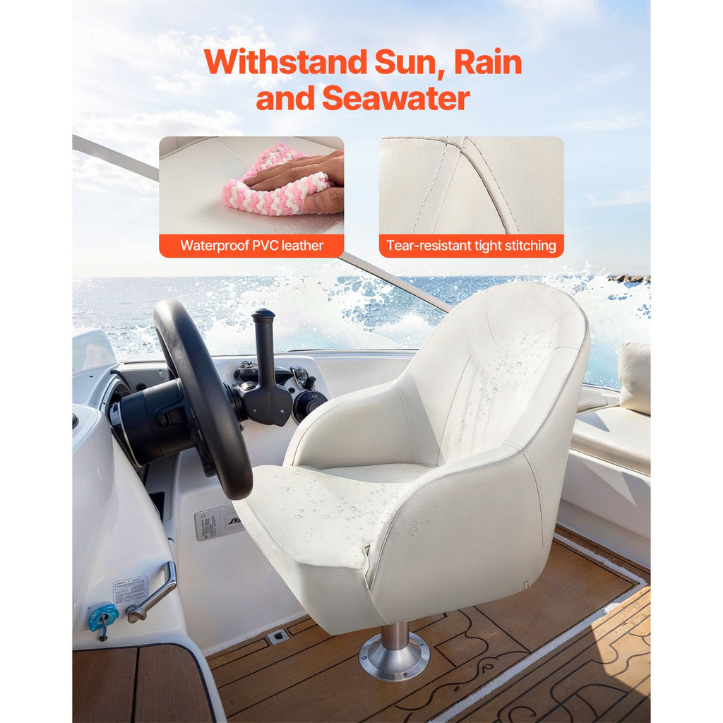Boat Seat, Low Backrest, Boat Seat Captain Bucket Seat with Thickened Sponge Cushion & Waterproof PVC Leather, Ergonomic Design, Suitable for Fishing Boats, Yachts, Ships, White