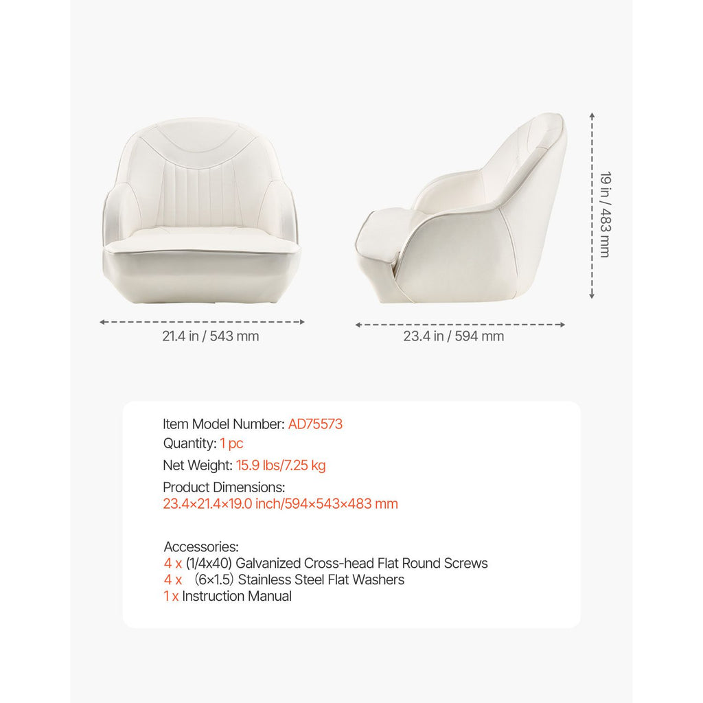 Boat Seat, Low Backrest, Boat Seat Captain Bucket Seat with Thickened Sponge Cushion & Waterproof PVC Leather, Ergonomic Design, Suitable for Fishing Boats, Yachts, Ships, White