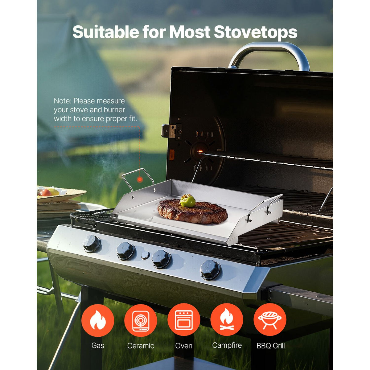 Stainless Steel Griddle, 18x16 inch Universal Flat Top Rectangular Plate, Gas Grill Griddle for BBQ Grill, Teppanyaki, Portable Family Cookware with Handle, for Camping Tailgating Party