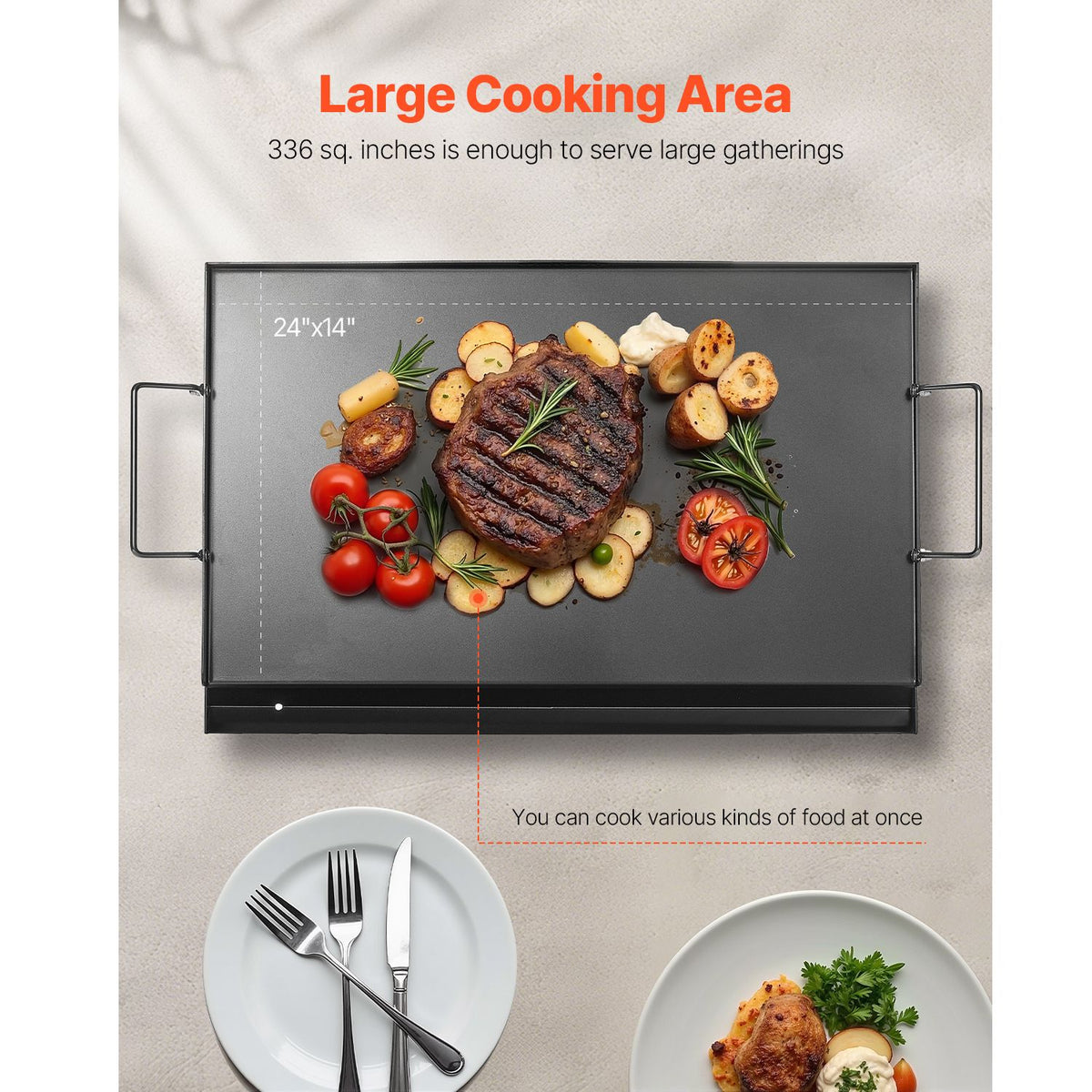 Carbon Steel Griddle, 24x16 inch Universal Flat Top Rectangular Plate, Gas Grill Griddle for BBQ Grill, Teppanyaki, Portable Family Cookware with Handle, for Camping Tailgating Party