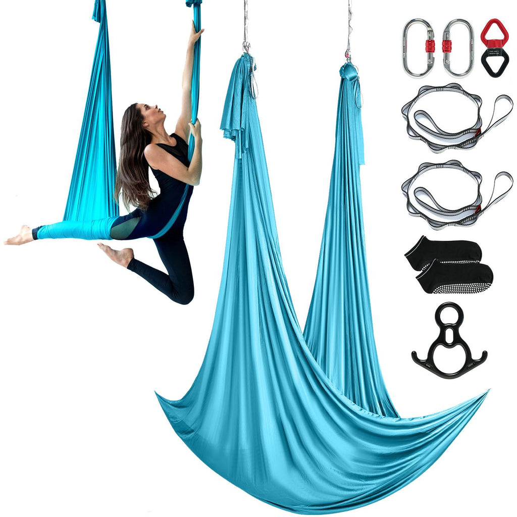 Aerial Silk & Yoga Swing, 10 m Length, Aerial Yoga Hammock Kit with 100gsm Nylon Fabric, Full Rigging Hardware & Easy Set-up Guide, Antigravity Flying for All Levels Fitness Bodybuilding, Blue