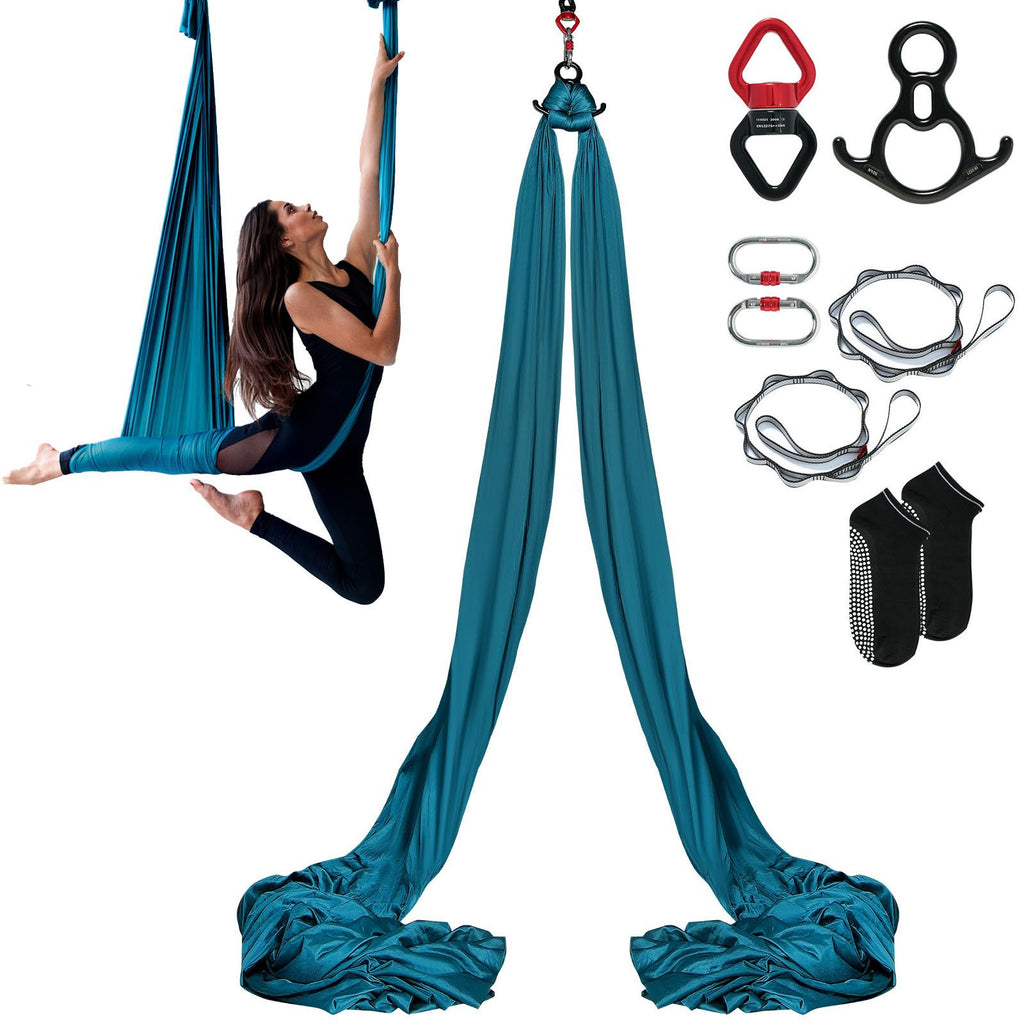 Aerial Silk & Yoga Swing, 8 m Length, Aerial Yoga Hammock Kit with 100gsm Nylon Fabric, Full Rigging Hardware & Easy Set-up Guide, Antigravity Flying for All Levels Fitness Bodybuilding, Green