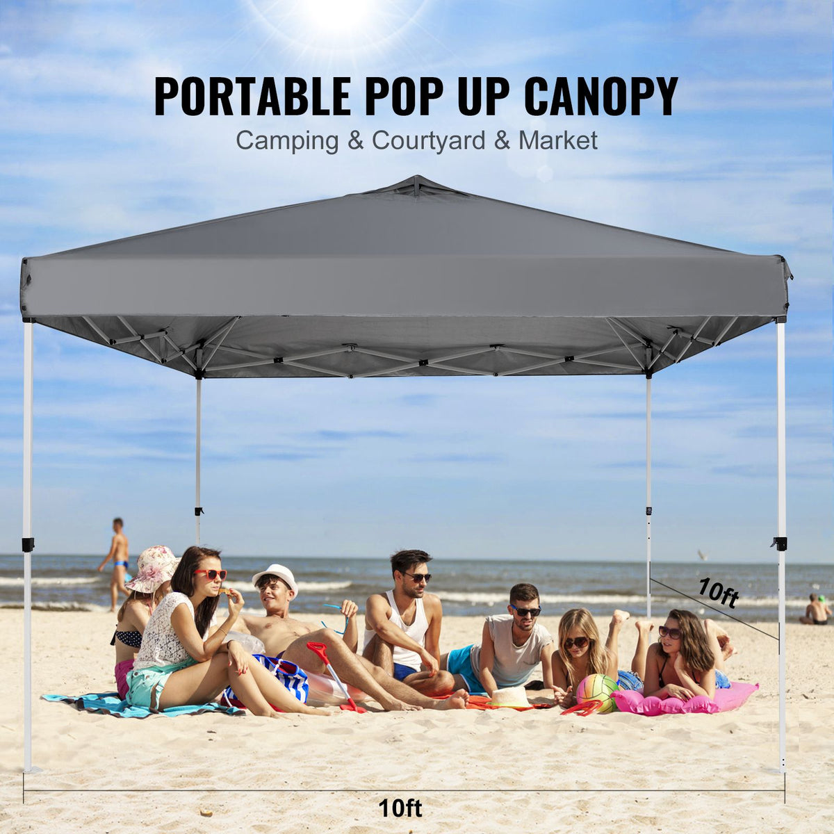 Pop Up Canopy Tent, 10 x 10 ft, 250 D PU Silver Coated Tarp, with Portable Roller Bag and 4 Sandbags, Waterproof and Sun Shelter Gazebo for Outdoor Party, Camping, Commercial Events, Dark Gray