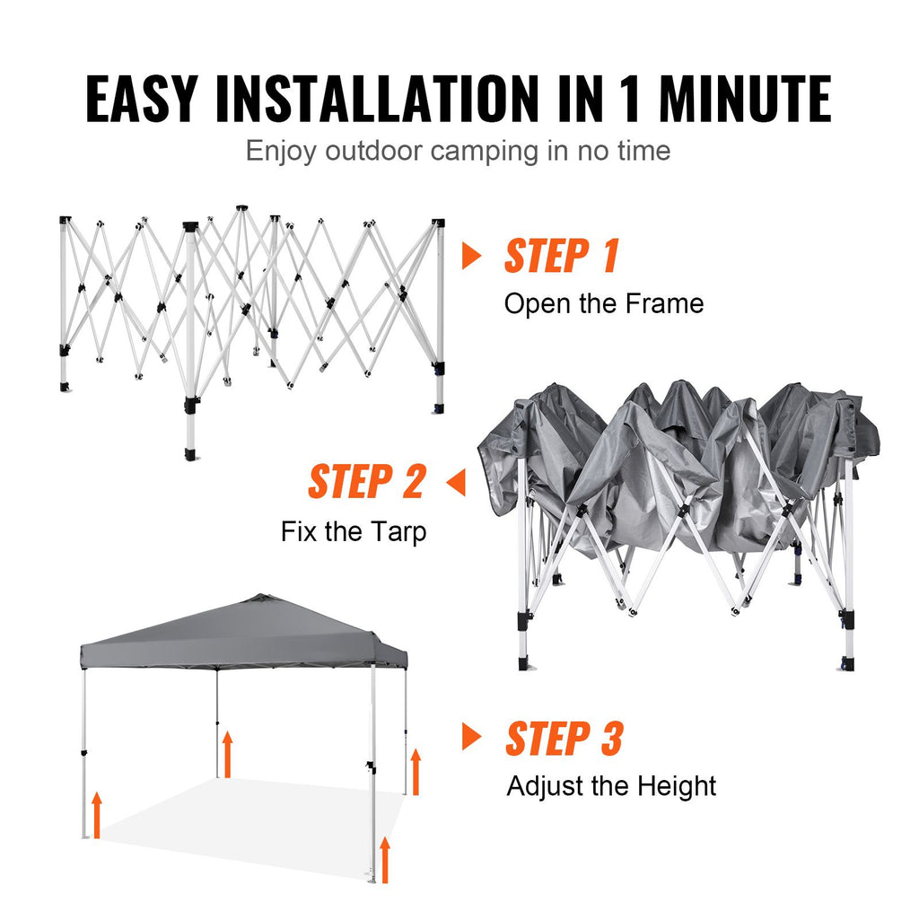 Pop Up Canopy Tent, 10 x 10 ft, 250 D PU Silver Coated Tarp, with Portable Roller Bag and 4 Sandbags, Waterproof and Sun Shelter Gazebo for Outdoor Party, Camping, Commercial Events, Dark Gray