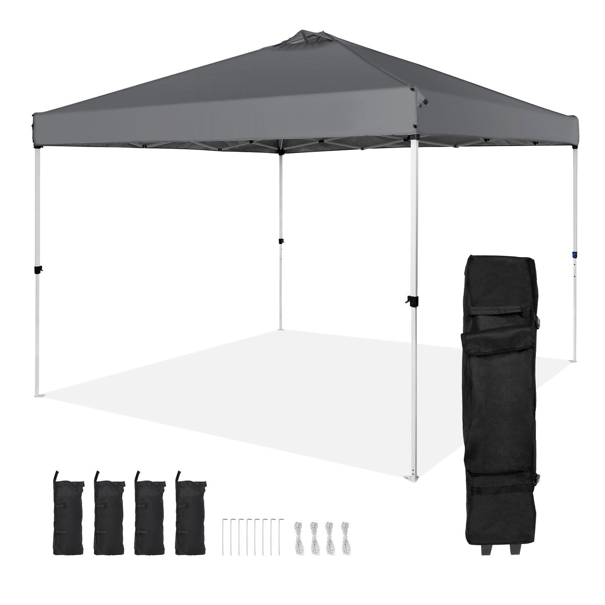 Pop Up Canopy Tent, 10 x 10 ft, 250 D PU Silver Coated Tarp, with Portable Roller Bag and 4 Sandbags, Waterproof and Sun Shelter Gazebo for Outdoor Party, Camping, Commercial Events, Dark Gray