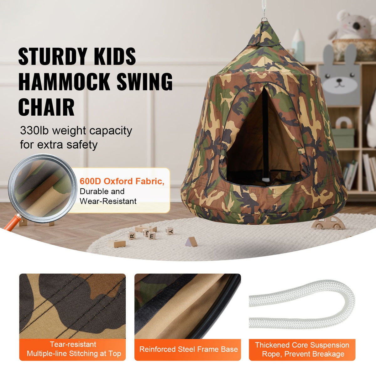 Hanging Tree Tent, 330 LBS Capacity Hanging Tent Swing for Indoor and Outdoor Hammock Sensory Swing Chair w/LED Lights String, Inflatable Base, Ceiling Swing Pod Play Tent for Kids & Adults