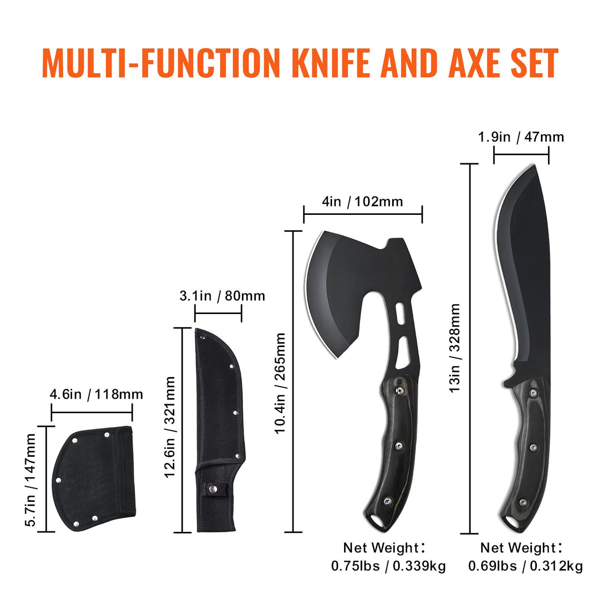 Hunting Knife and Hatchet Axe Combo Set Sheath Fixed Blade Knife Camping