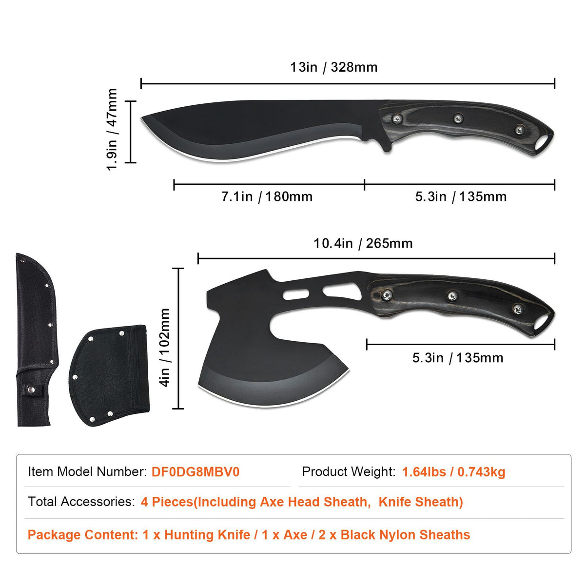 Hunting Knife and Hatchet Axe Combo Set Sheath Fixed Blade Knife Camping
